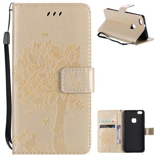 Embossing Butterfly Tree Leather Wallet Case for Huawei P10 Lite P10Lite - Champagne
