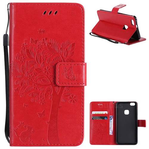 Embossing Butterfly Tree Leather Wallet Case for Huawei P10 Lite P10Lite - Red