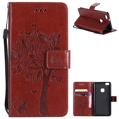 Embossing Butterfly Tree Leather Wallet Case for Huawei P10 Lite P10Lite - Brown
