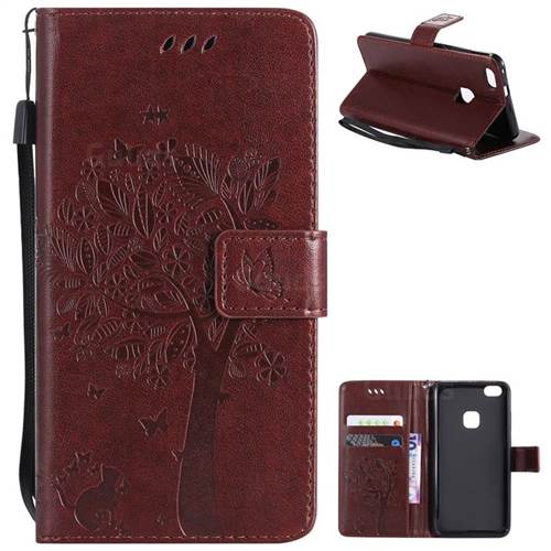 Embossing Butterfly Tree Leather Wallet Case for Huawei P10 Lite P10Lite - Coffee