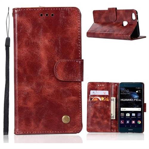 Luxury Retro Leather Wallet Case for Huawei P10 Lite P10Lite - Wine Red