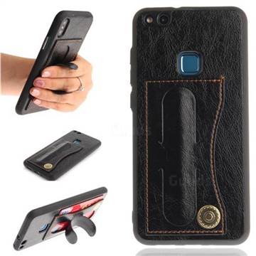 Retro Leather Coated Back Cover with Hidden Kickstand and Card Slot for Huawei P10 Lite P10Lite - Black