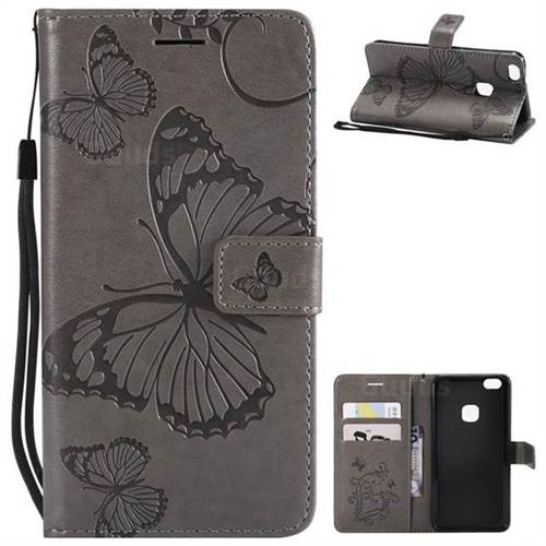 Embossing 3D Butterfly Leather Wallet Case for Huawei P10 Lite P10Lite - Gray