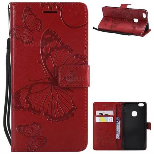 Embossing 3D Butterfly Leather Wallet Case for Huawei P10 Lite P10Lite - Red