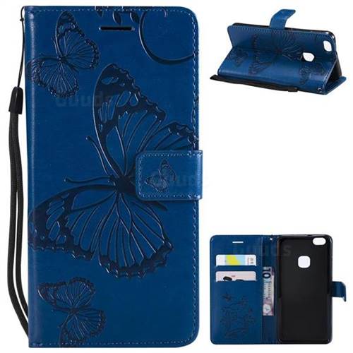 Embossing 3D Butterfly Leather Wallet Case for Huawei P10 Lite P10Lite - Blue