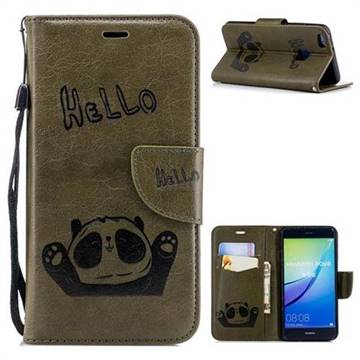 Embossing Hello Panda Leather Wallet Phone Case for Huawei P10 Lite P10Lite - Olive Green