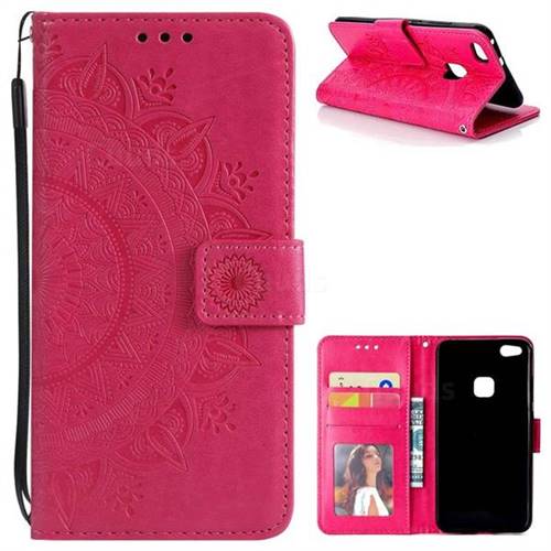 Intricate Embossing Datura Leather Wallet Case for Huawei P10 Lite P10Lite - Rose Red