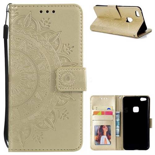 Intricate Embossing Datura Leather Wallet Case for Huawei P10 Lite P10Lite - Golden