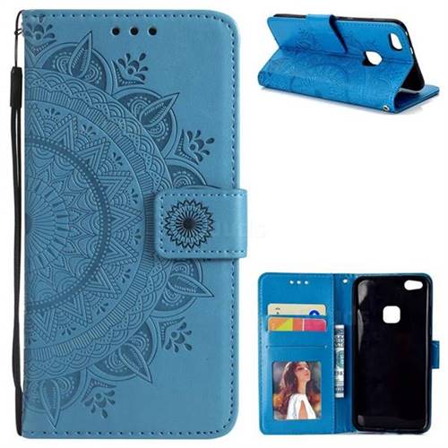 Intricate Embossing Datura Leather Wallet Case for Huawei P10 Lite P10Lite - Blue