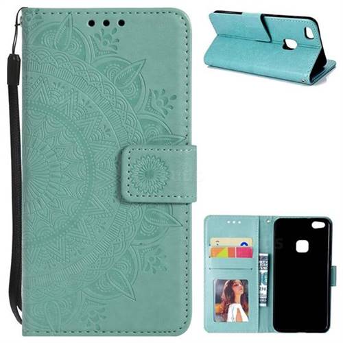 Intricate Embossing Datura Leather Wallet Case for Huawei P10 Lite P10Lite - Mint Green