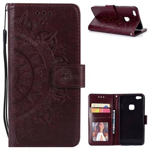 Intricate Embossing Datura Leather Wallet Case for Huawei P10 Lite P10Lite - Brown
