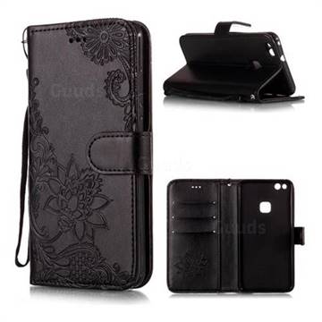 Intricate Embossing Lotus Mandala Flower Leather Wallet Case for Huawei P10 Lite P10Lite - Black