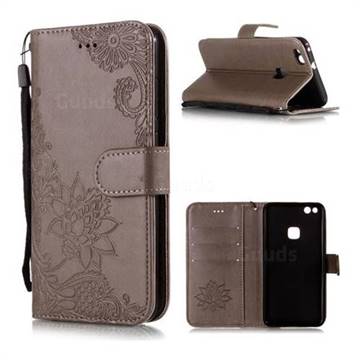Intricate Embossing Lotus Mandala Flower Leather Wallet Case for Huawei P10 Lite P10Lite - Gray