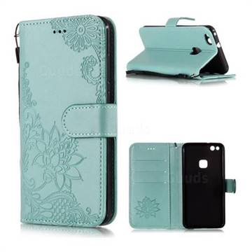 Intricate Embossing Lotus Mandala Flower Leather Wallet Case for Huawei P10 Lite P10Lite - Green