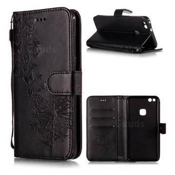 Intricate Embossing Dandelion Butterfly Leather Wallet Case for Huawei P10 Lite P10Lite - Black