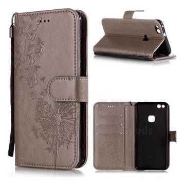 Intricate Embossing Dandelion Butterfly Leather Wallet Case for Huawei P10 Lite P10Lite - Gray