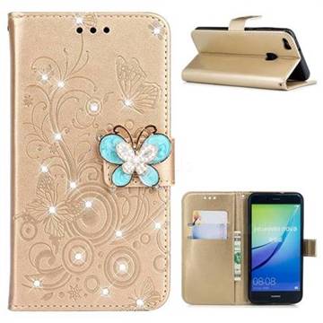 Embossing Butterfly Circle Rhinestone Leather Wallet Case for Huawei P10 Lite P10Lite - Champagne