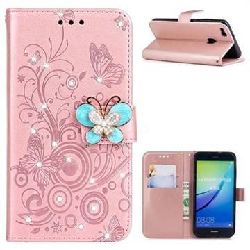 Embossing Butterfly Circle Rhinestone Leather Wallet Case for Huawei P10 Lite P10Lite - Rose Gold