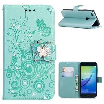 Embossing Butterfly Circle Rhinestone Leather Wallet Case for Huawei P10 Lite P10Lite - Cyan