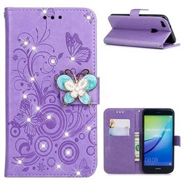 Embossing Butterfly Circle Rhinestone Leather Wallet Case for Huawei P10 Lite P10Lite - Purple