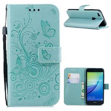Intricate Embossing Butterfly Circle Leather Wallet Case for Huawei P10 Lite P10Lite - Cyan