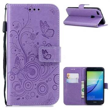 Intricate Embossing Butterfly Circle Leather Wallet Case for Huawei P10 Lite P10Lite - Purple