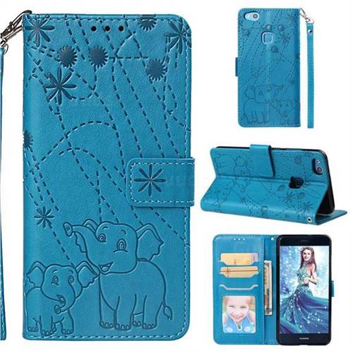 Embossing Fireworks Elephant Leather Wallet Case for Huawei P10 Lite P10Lite - Blue