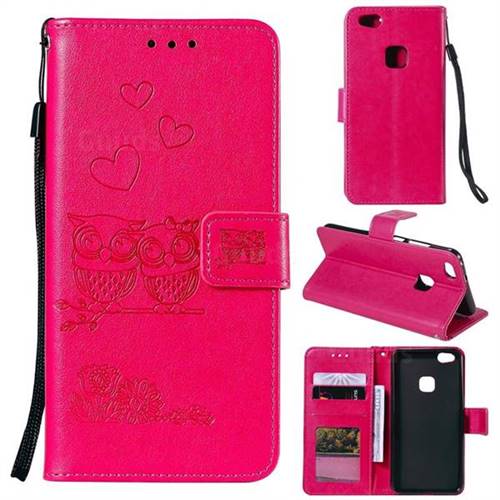 Embossing Owl Couple Flower Leather Wallet Case for Huawei P10 Lite P10Lite - Red