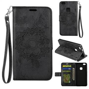 Embossing Retro Matte Mandala Flower Leather Wallet Case for Huawei P10 Lite P10Lite - Black