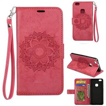 Embossing Retro Matte Mandala Flower Leather Wallet Case for Huawei P10 Lite P10Lite - Red
