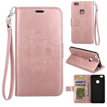 Embossing Retro Matte Mandala Flower Leather Wallet Case for Huawei P10 Lite P10Lite - Rose Gold