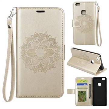 Embossing Retro Matte Mandala Flower Leather Wallet Case for Huawei P10 Lite P10Lite - Golden