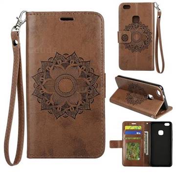 Embossing Retro Matte Mandala Flower Leather Wallet Case for Huawei P10 Lite P10Lite - Brown
