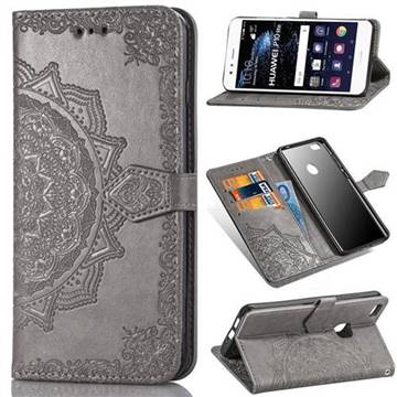Embossing Imprint Mandala Flower Leather Wallet Case for Huawei P10 Lite P10Lite - Gray
