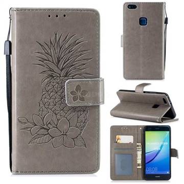 Embossing Flower Pineapple Leather Wallet Case for Huawei P10 Lite P10Lite - Gray