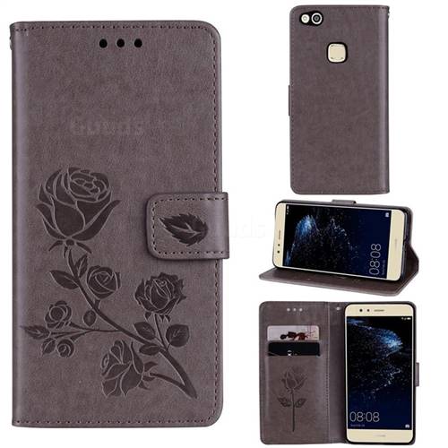 Embossing Rose Flower Leather Wallet Case for Huawei P10 Lite P10Lite - Grey