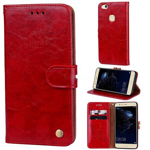Luxury Retro Oil Wax PU Leather Wallet Phone Case for Huawei P10 Lite P10Lite - Brown Red