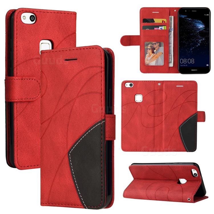 Luxury Two-color Stitching Leather Wallet Case Cover for Huawei P10 Lite P10Lite - Red