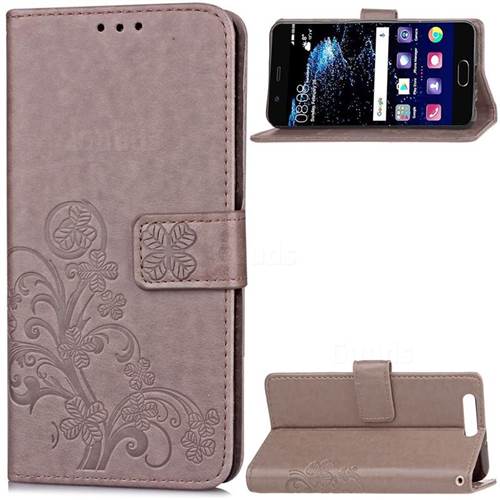 Embossing Imprint Four-Leaf Clover Leather Wallet Case for Huawei P10 Plus - Grey