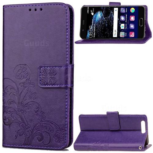 Embossing Imprint Four-Leaf Clover Leather Wallet Case for Huawei P10 Plus - Purple