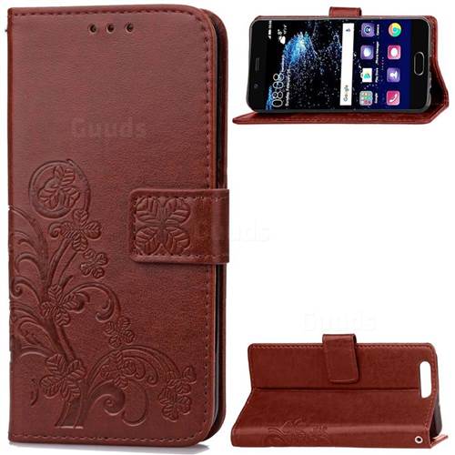 Embossing Imprint Four-Leaf Clover Leather Wallet Case for Huawei P10 Plus - Brown