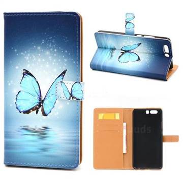 Sea Blue Butterfly Leather Wallet Case for Huawei P10 Plus