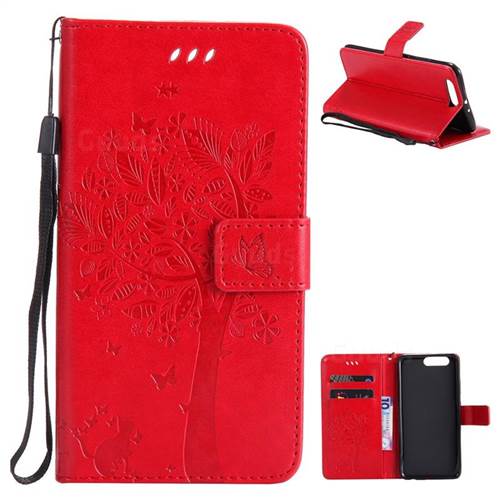 Embossing Butterfly Tree Leather Wallet Case for Huawei P10 Plus - Red