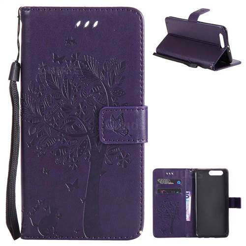 Embossing Butterfly Tree Leather Wallet Case for Huawei P10 Plus - Purple