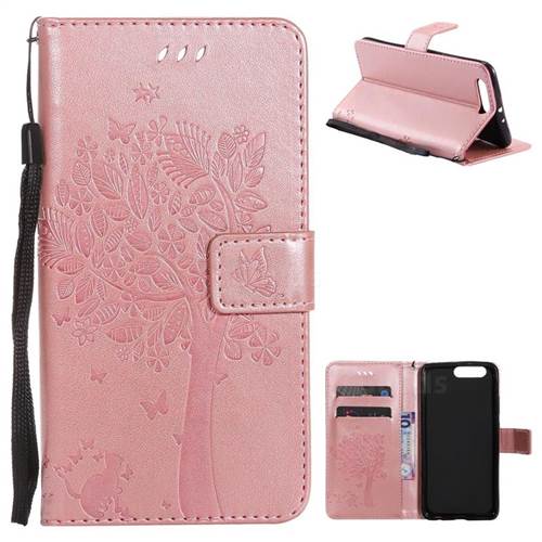 Embossing Butterfly Tree Leather Wallet Case for Huawei P10 Plus - Rose Pink