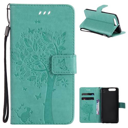 Embossing Butterfly Tree Leather Wallet Case for Huawei P10 Plus - Cyan