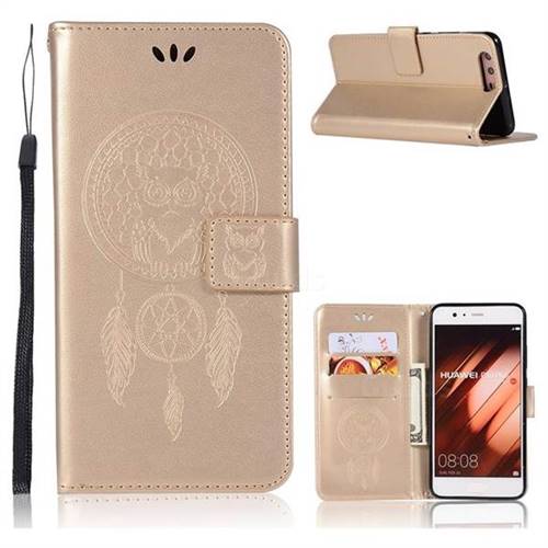 Intricate Embossing Owl Campanula Leather Wallet Case for Huawei P10 Plus - Champagne