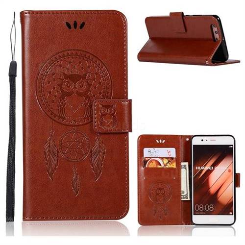 Intricate Embossing Owl Campanula Leather Wallet Case for Huawei P10 Plus - Brown