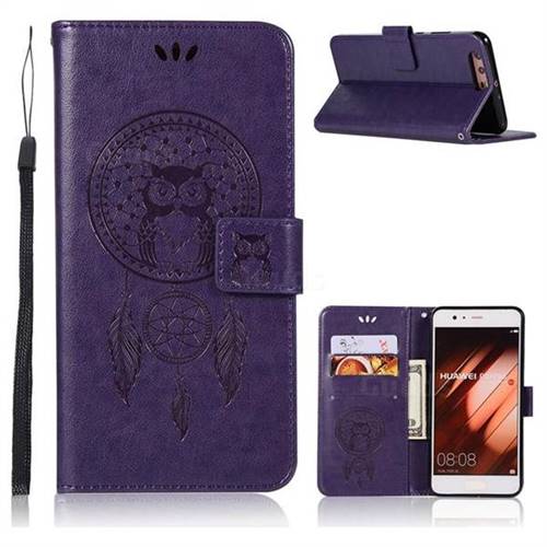 Intricate Embossing Owl Campanula Leather Wallet Case for Huawei P10 Plus - Purple