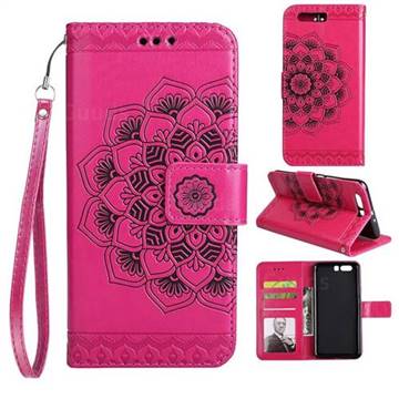 Embossing Half Mandala Flower Leather Wallet Case for Huawei P10 Plus - Rose Red